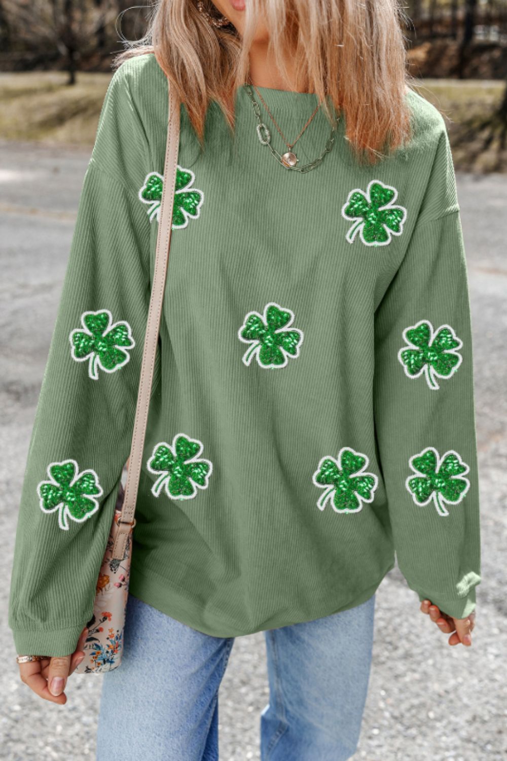 Sequin Lucky Clover Round Neck Long Sleeve Sweatshirt  (ships 2-3 weeks)