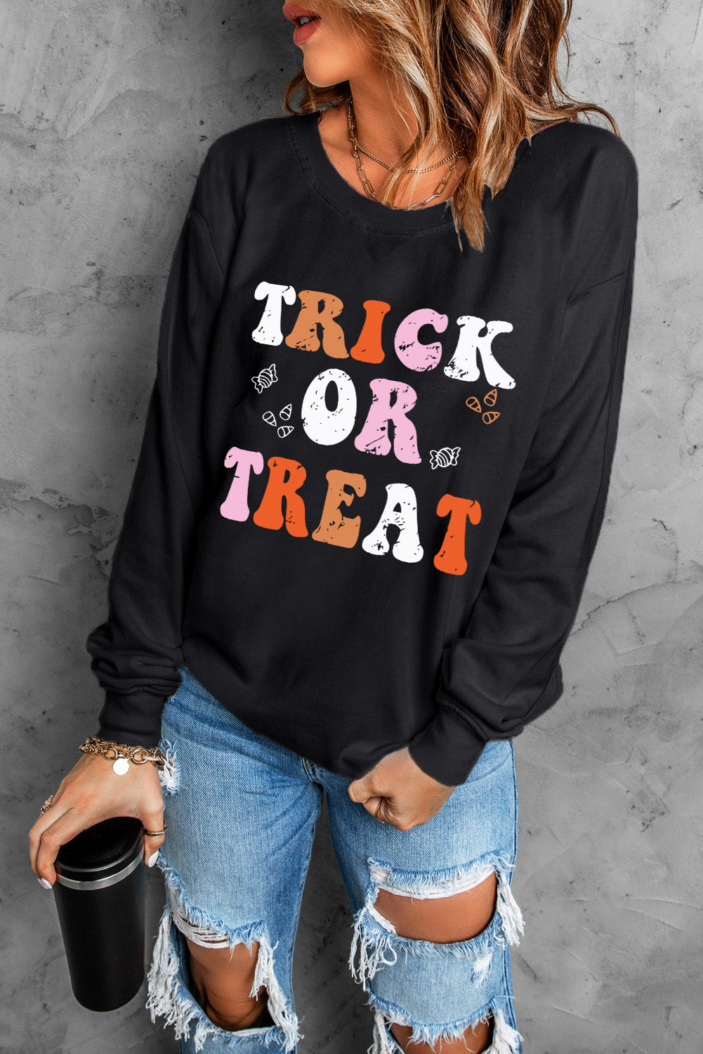 Black Halloween TRICK OR TREAT Graphic Crewneck Sweatshirt(ships 2-3 weeks)