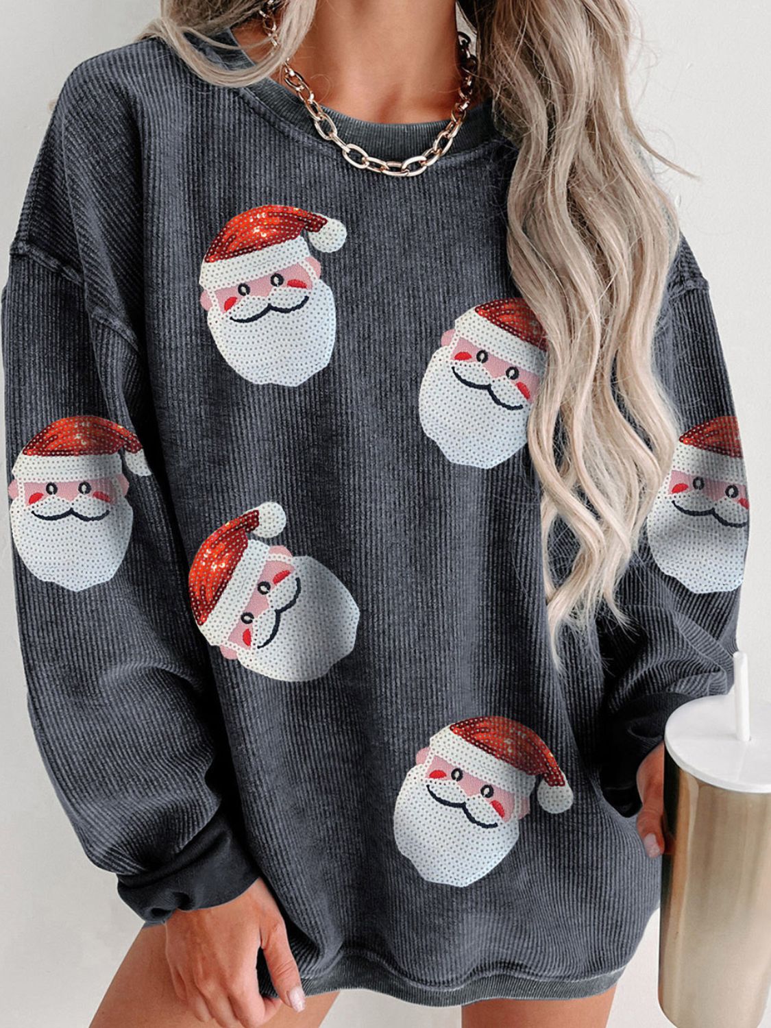 Sequin Santa Patch Ribbed Sweatshirt ships 2 weeks 3 colors