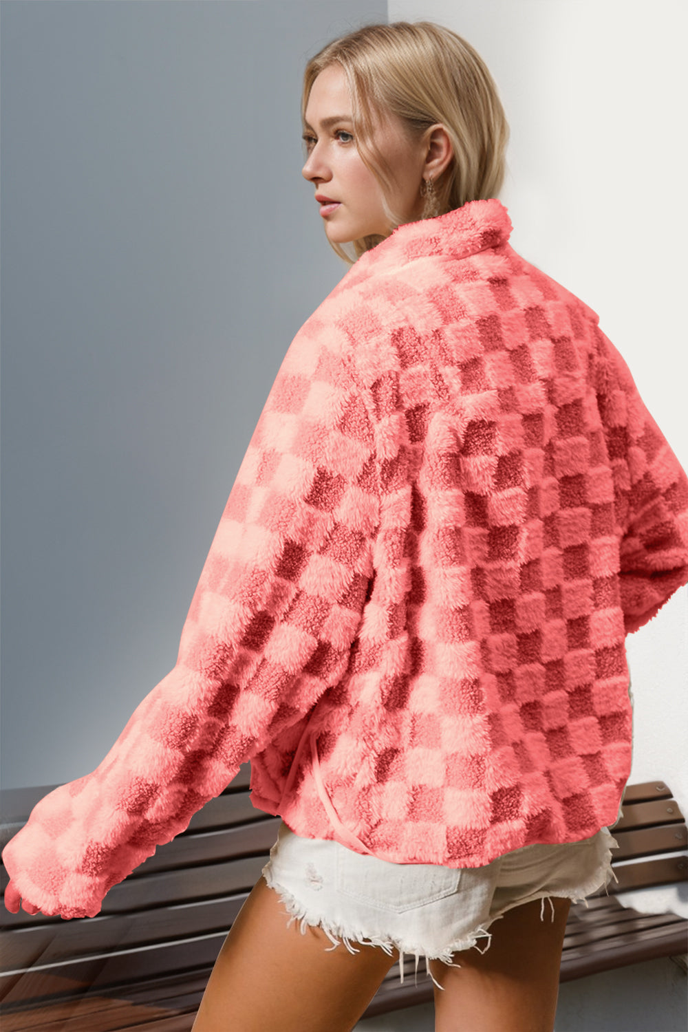 Double Take Checkered Long Sleeve Fuzzy Jacket (ships 2-3 weeks)