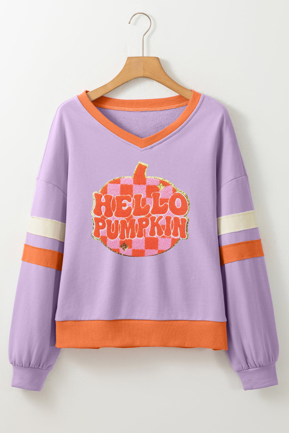 Orchid Bouquet HELLO PUMPKIN Chenille Patch Graphic V Neck Sweatshirt ships 2-3 weeks