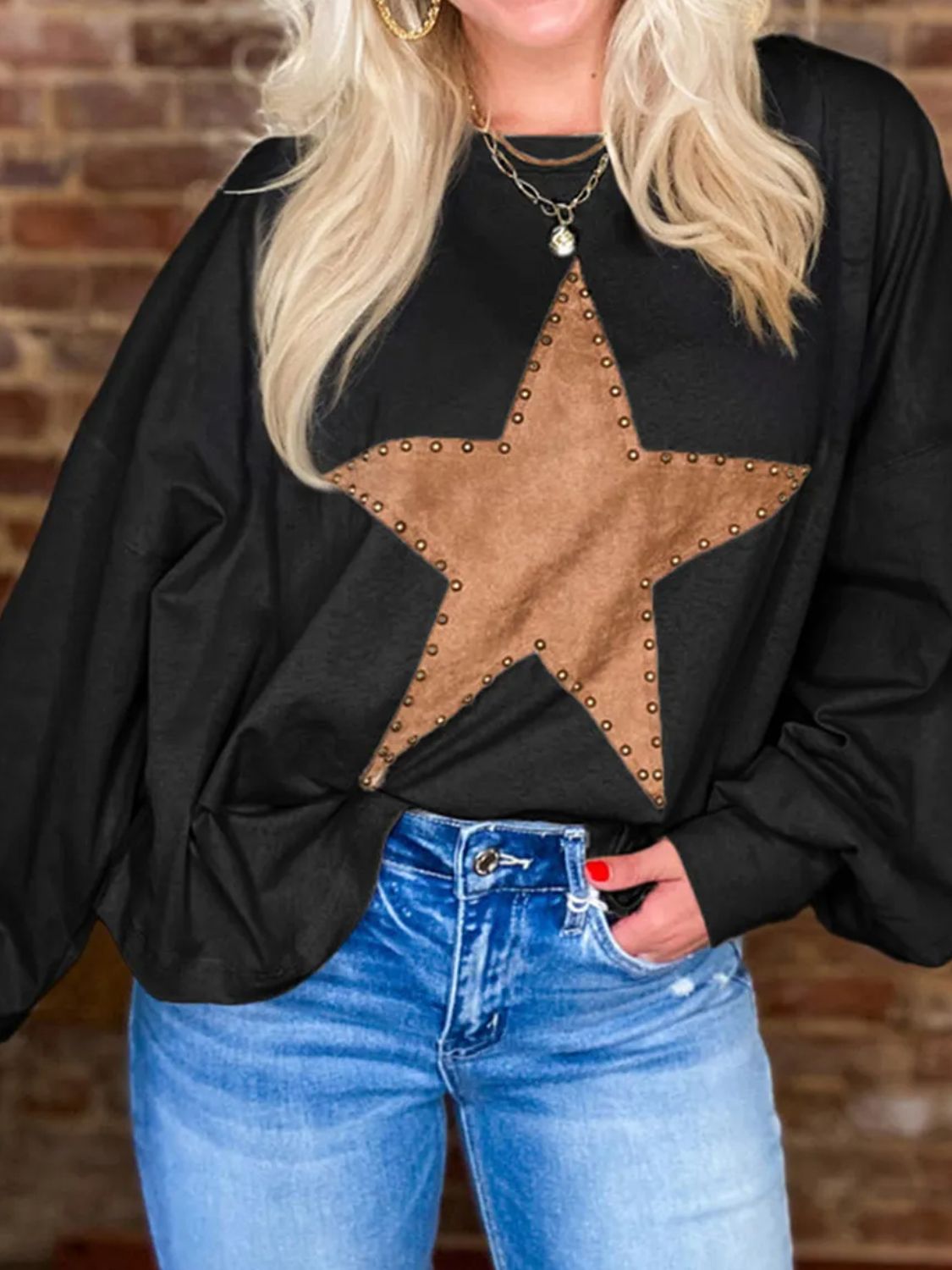 Star Round Neck Long Sleeve Blouse ships 2-3 weeks