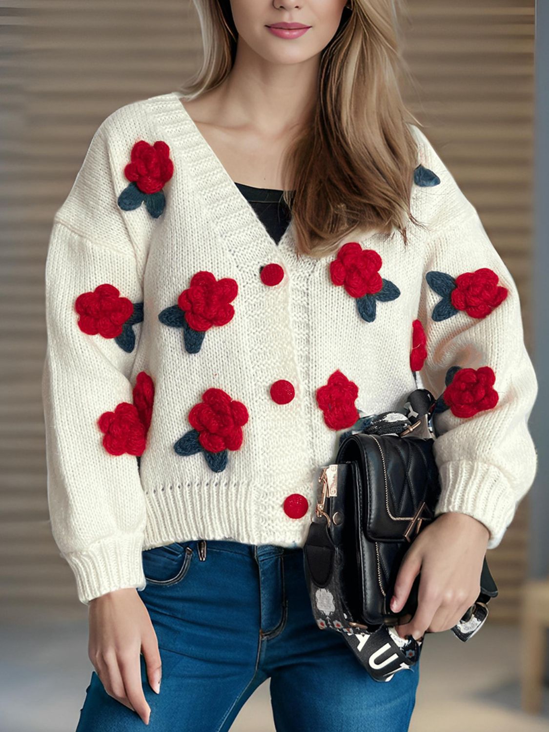 Flower Button Down V-Neck Long Sleeve Cardigan(ships 2-3 weeks)