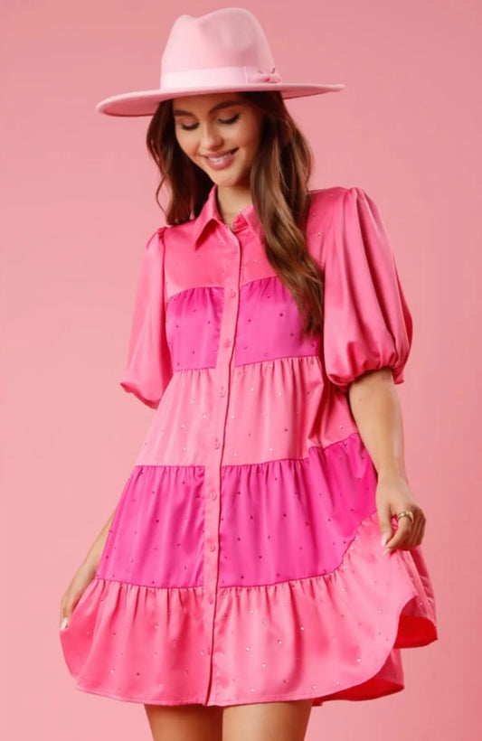 Colorblock button downsatin pink dress