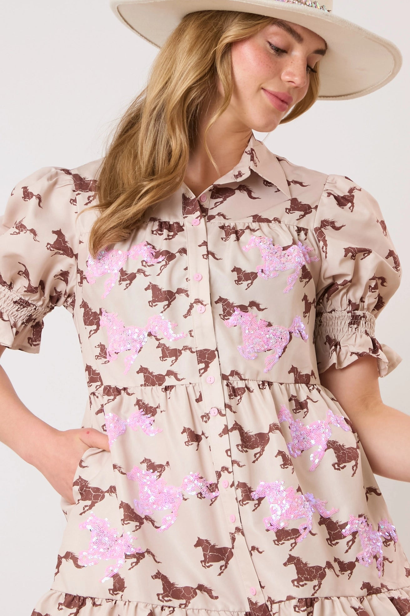 Sequin Horse Poplin Dress BROWN & PINK  Ready to ship