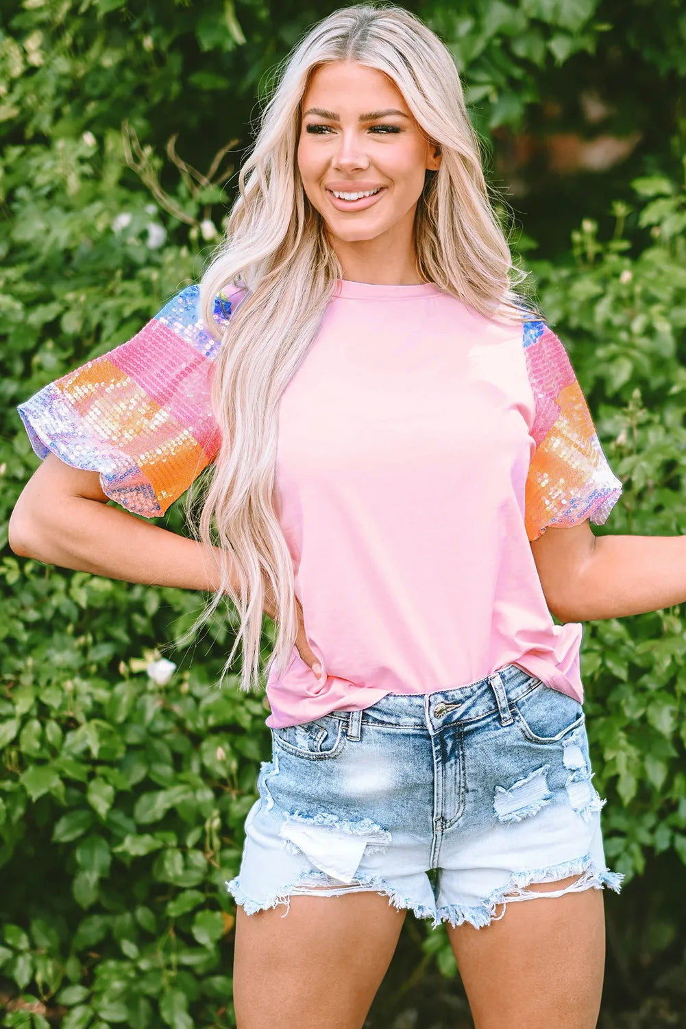 Sequin Round Neck Short Sleeve Blouse(ships 1-2 weeks)