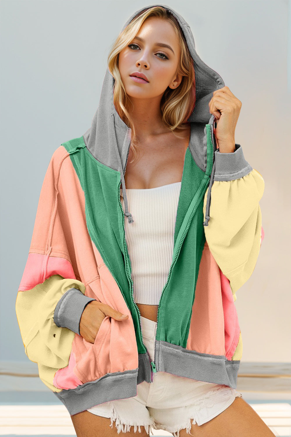 Double Take Full Size Color Block Zip Up Hoodie (ships 2-3 weeks)