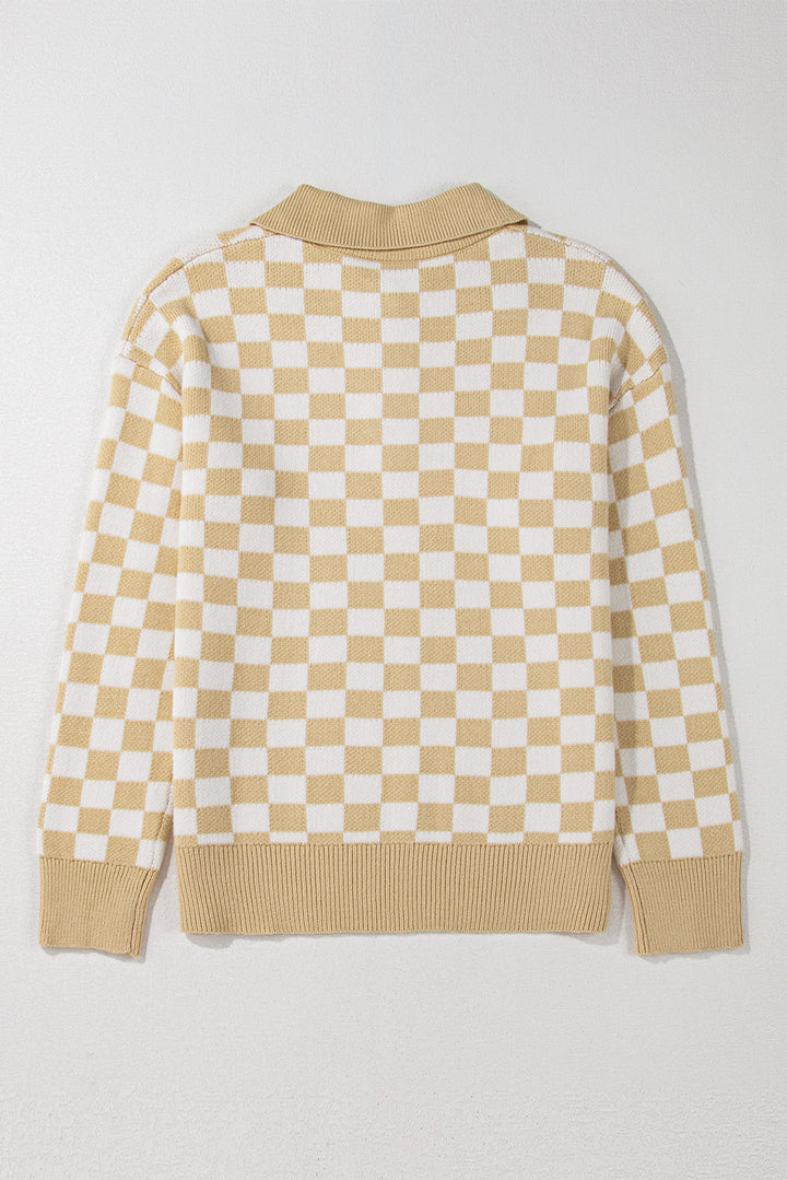 Pink Checkered Collared Neck Long Sleeve Sweater(ships 1-2 weeks)