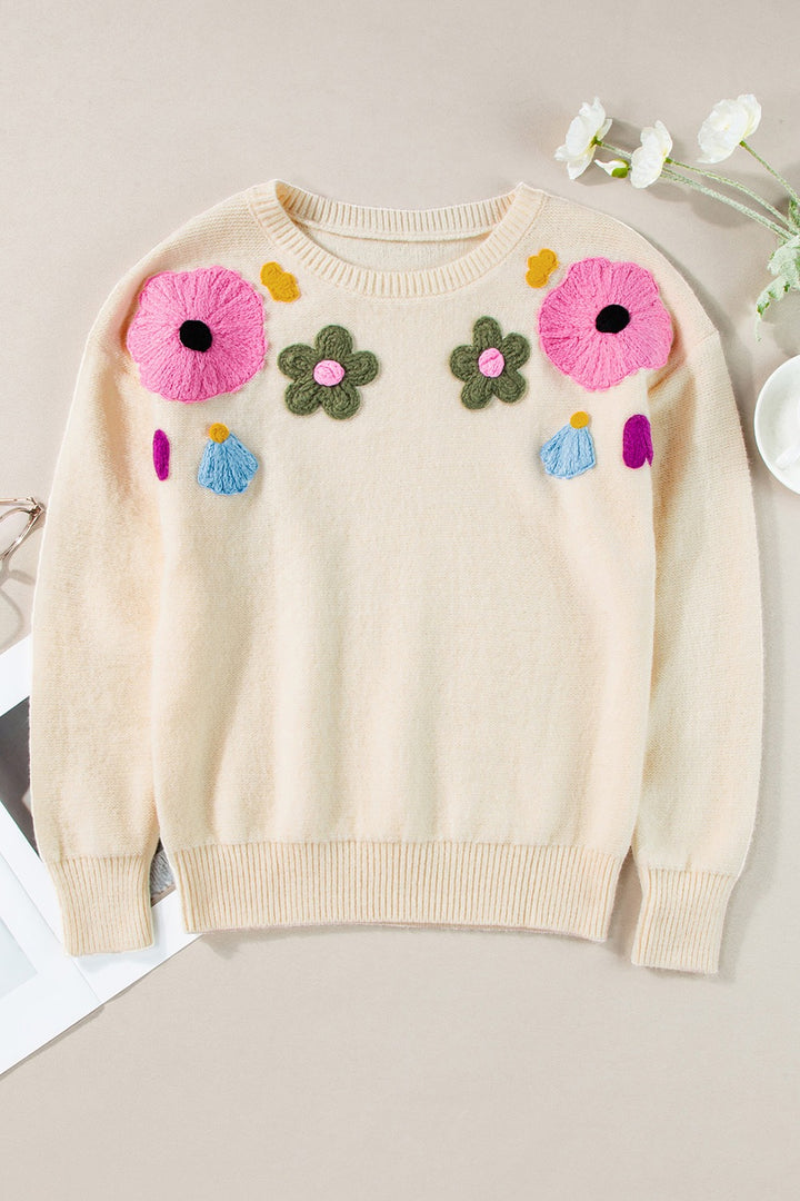 Crochet Flower Round Neck Dropped Shoulder Sweater (ships 1-2 weeks)