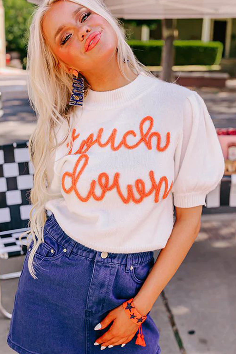 White Touchdown Tinsel Puff Short Sleeve Sweater (ships 1-2 weeks)