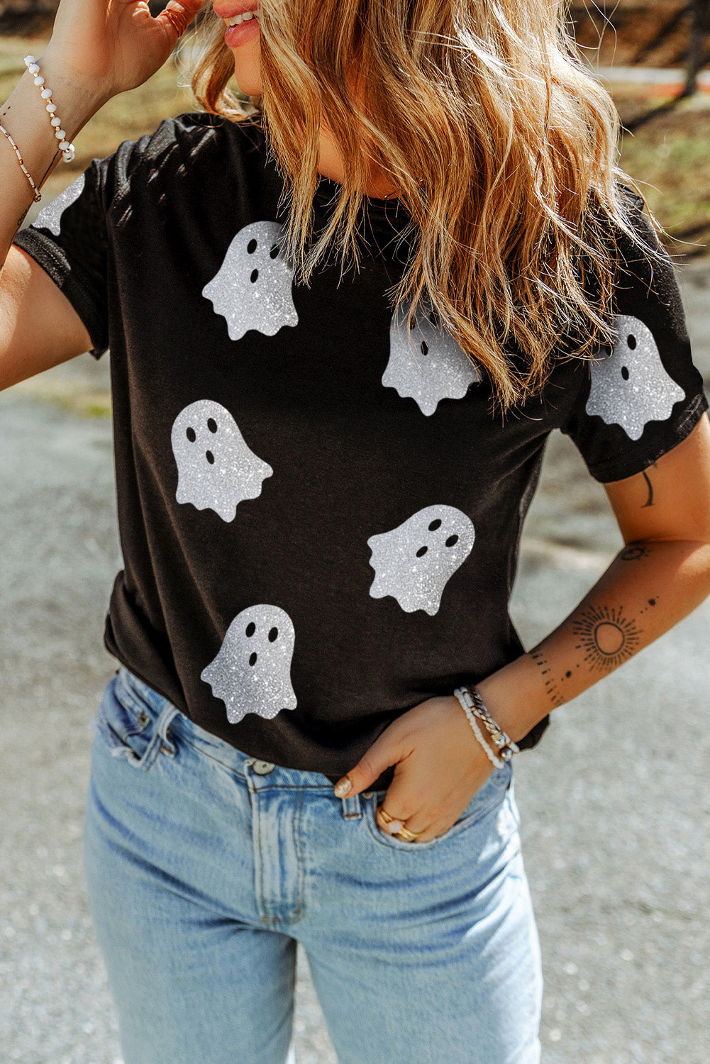 Black Glitter Ghost Pattern Crew Neck Halloween Graphic T Shirt PREORDER