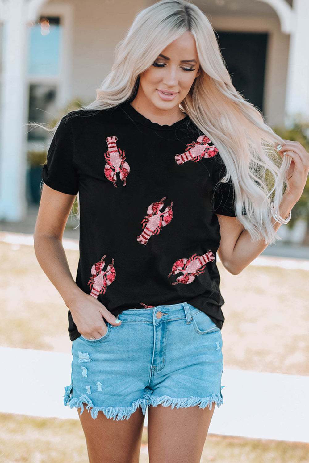 Lobster Print Round Neck Short Sleeve T-Shirt ships within 1-2 weeks