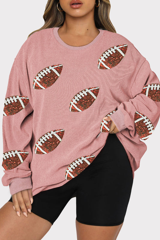 Pink Plus Textured Sequined Rugby Graphic Crew Neck Sweatshirt (ships 2-3 weeks)