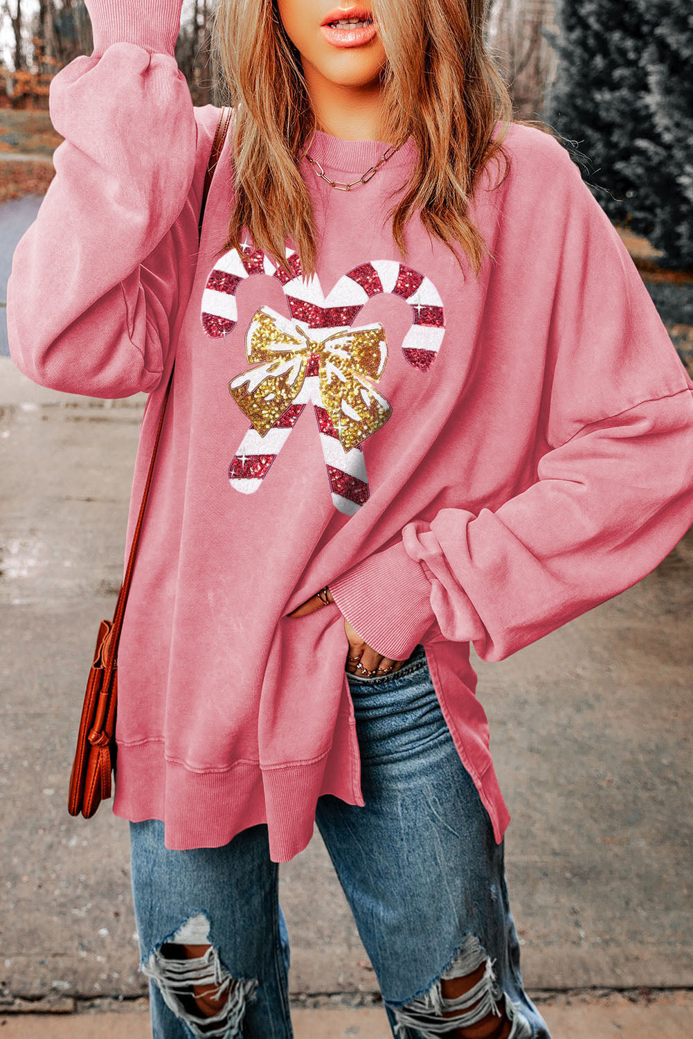 Sequin Candy Cane Round Neck Slit Sweatshirt ships 2-3 weeks