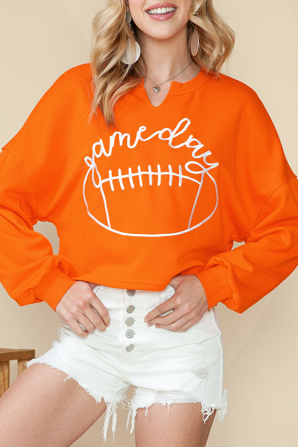 Orange Game Day Lettering Rugby Notched Neck Cropped Sweatshirt (ships 2 weeks)