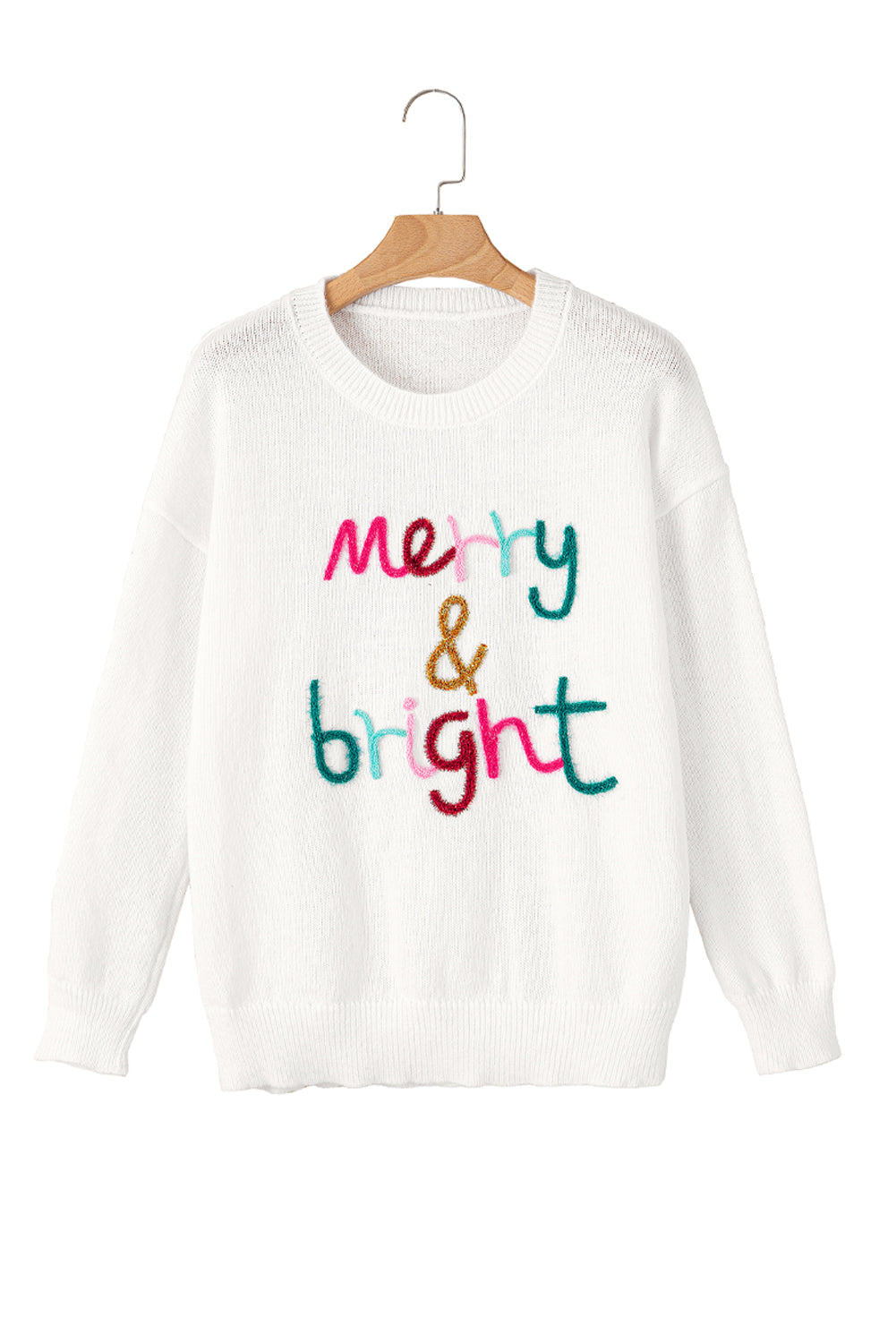 White Glitter Merry & Bright Round Neck Knit Sweater ships 2-3 weeks