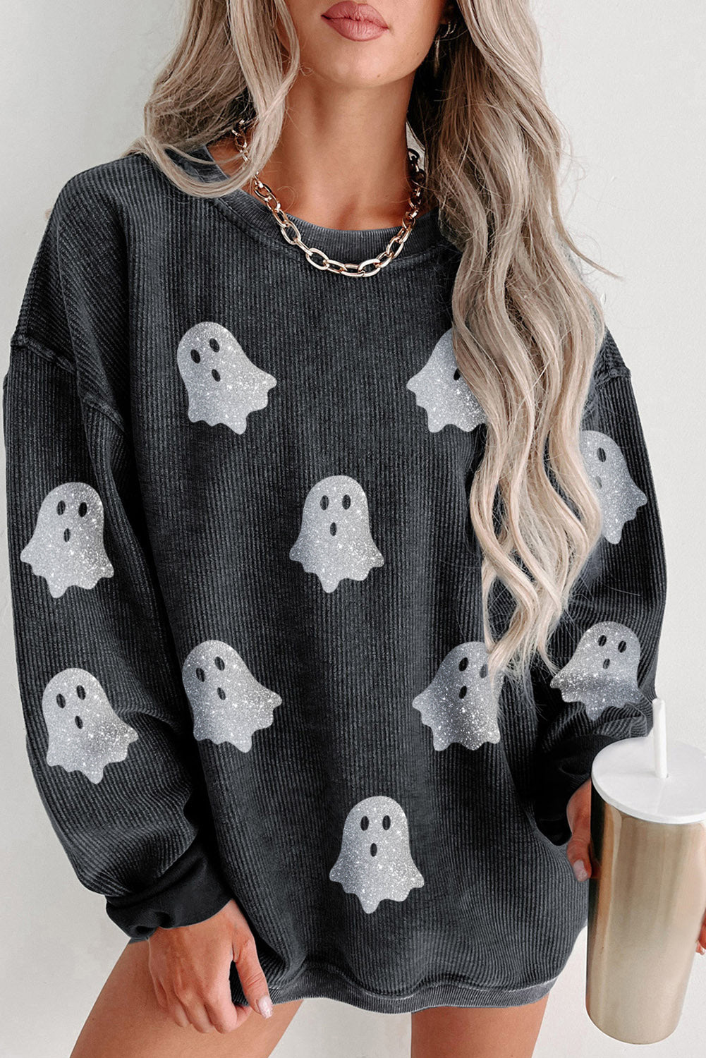 Halloween Ghost Corded Crew Neck Loose Sweatshirt Ships 2-3 weeks