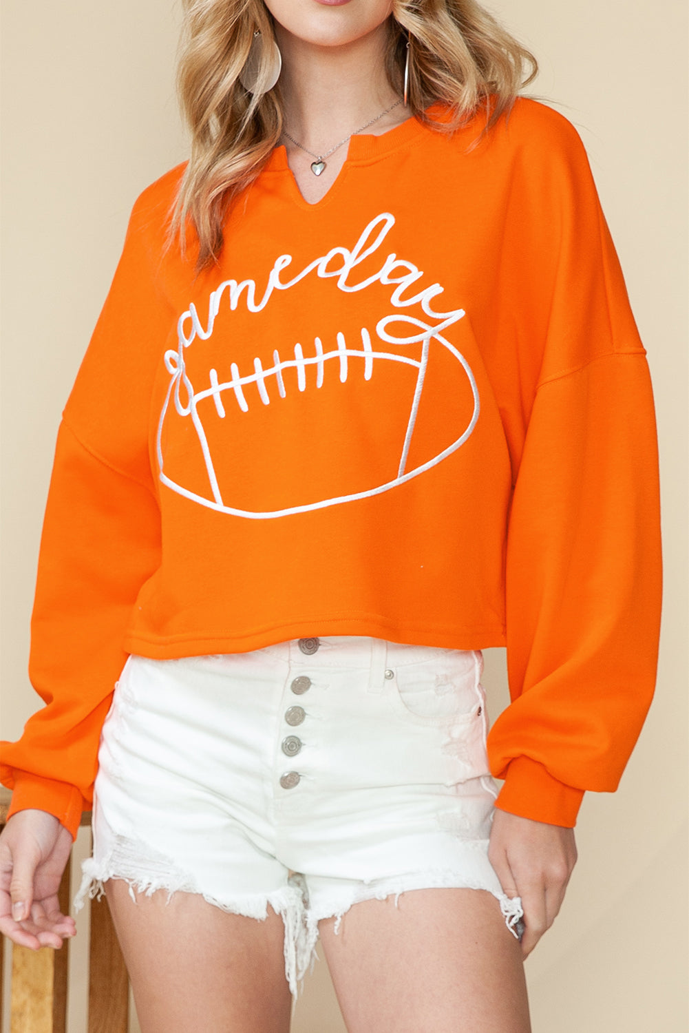 Orange Game Day Lettering Rugby Notched Neck Cropped Sweatshirt (ships 2 weeks)