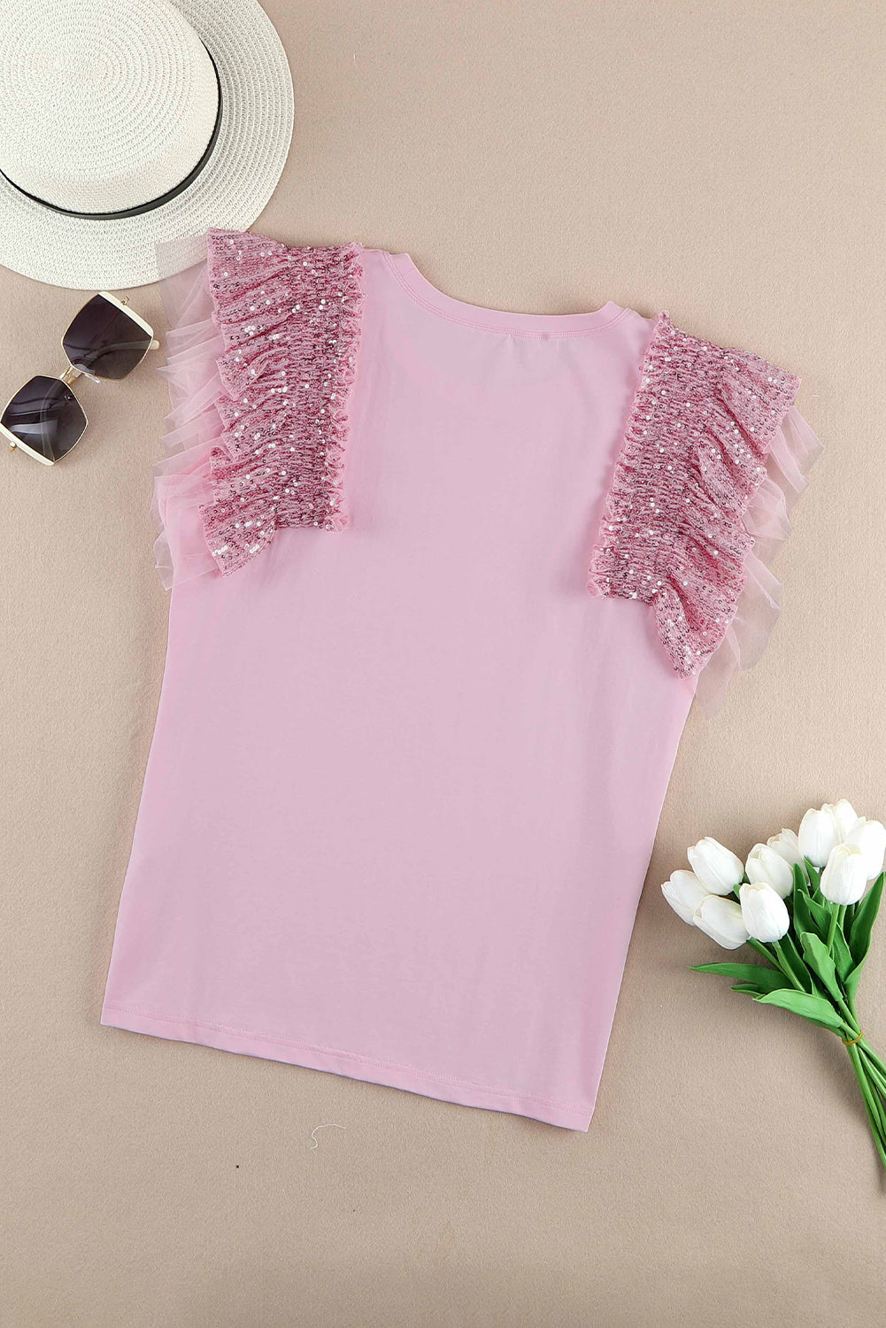 Pink Sequin & Ruffle Sleeve Top (ships 1-2 weeks)