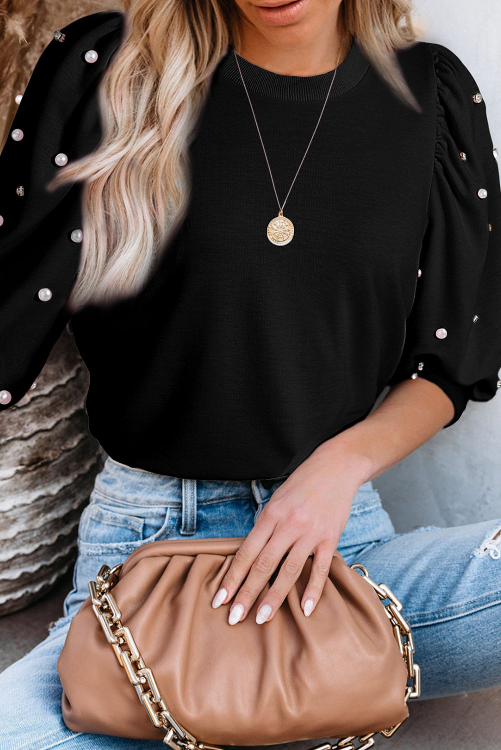 Pearl Detail Round Neck Half Sleeve Blouse( ships 1-2 weeks)