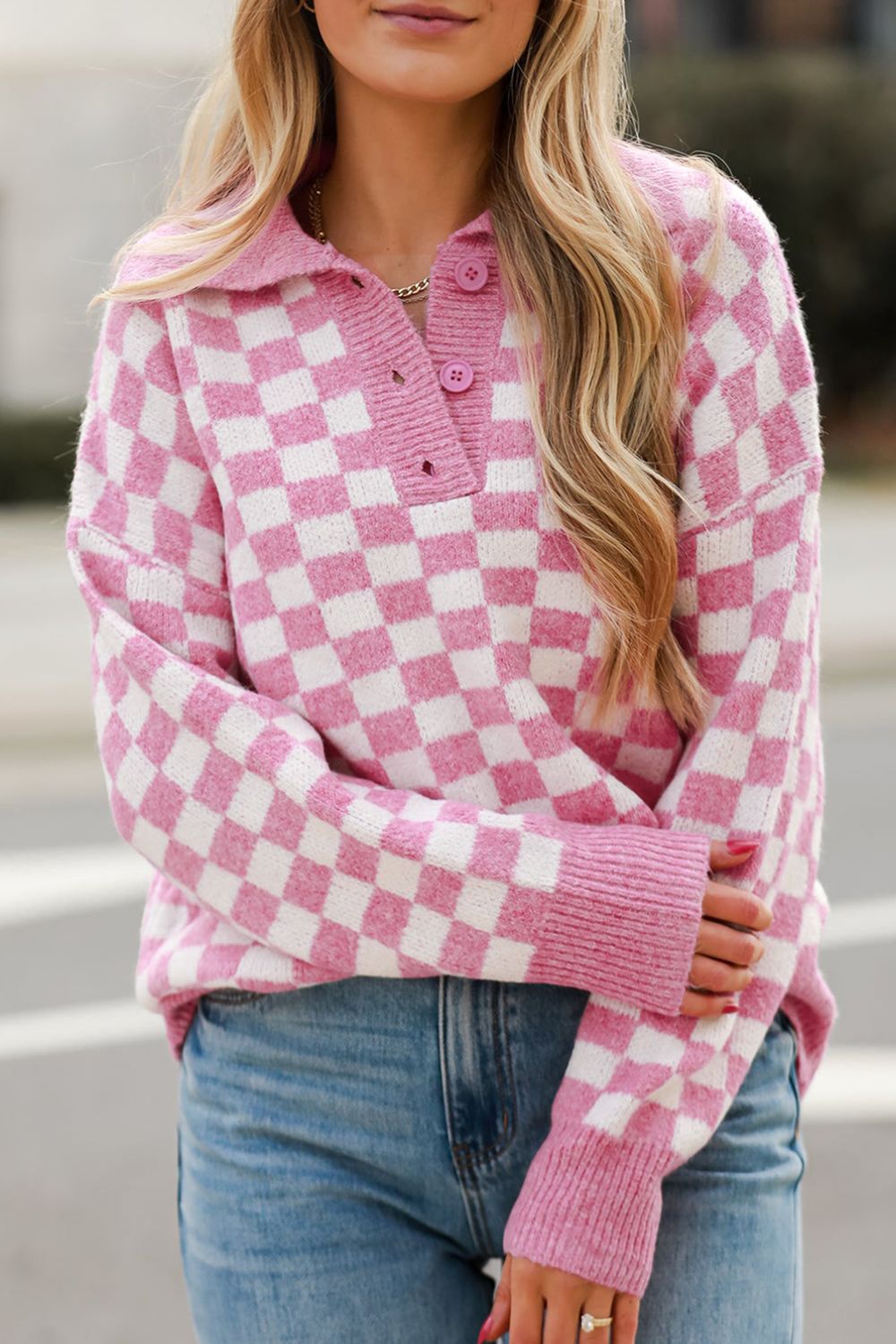 Pink Checkered Collared Neck Long Sleeve Sweater(ships 1-2 weeks)