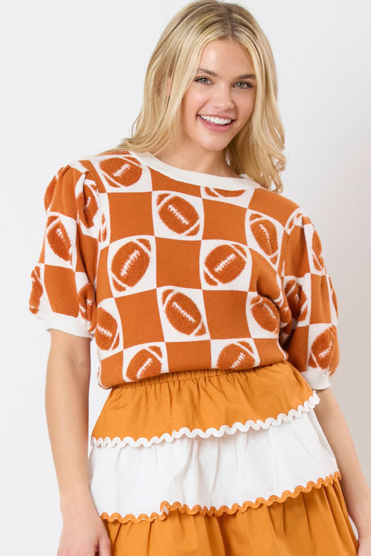 Orange Rugby Checkered Color Block Puff Sleeve Knit Top (PREORDER)