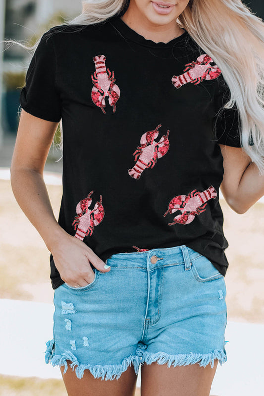 Lobster Print Round Neck Short Sleeve T-Shirt ships within 1-2 weeks