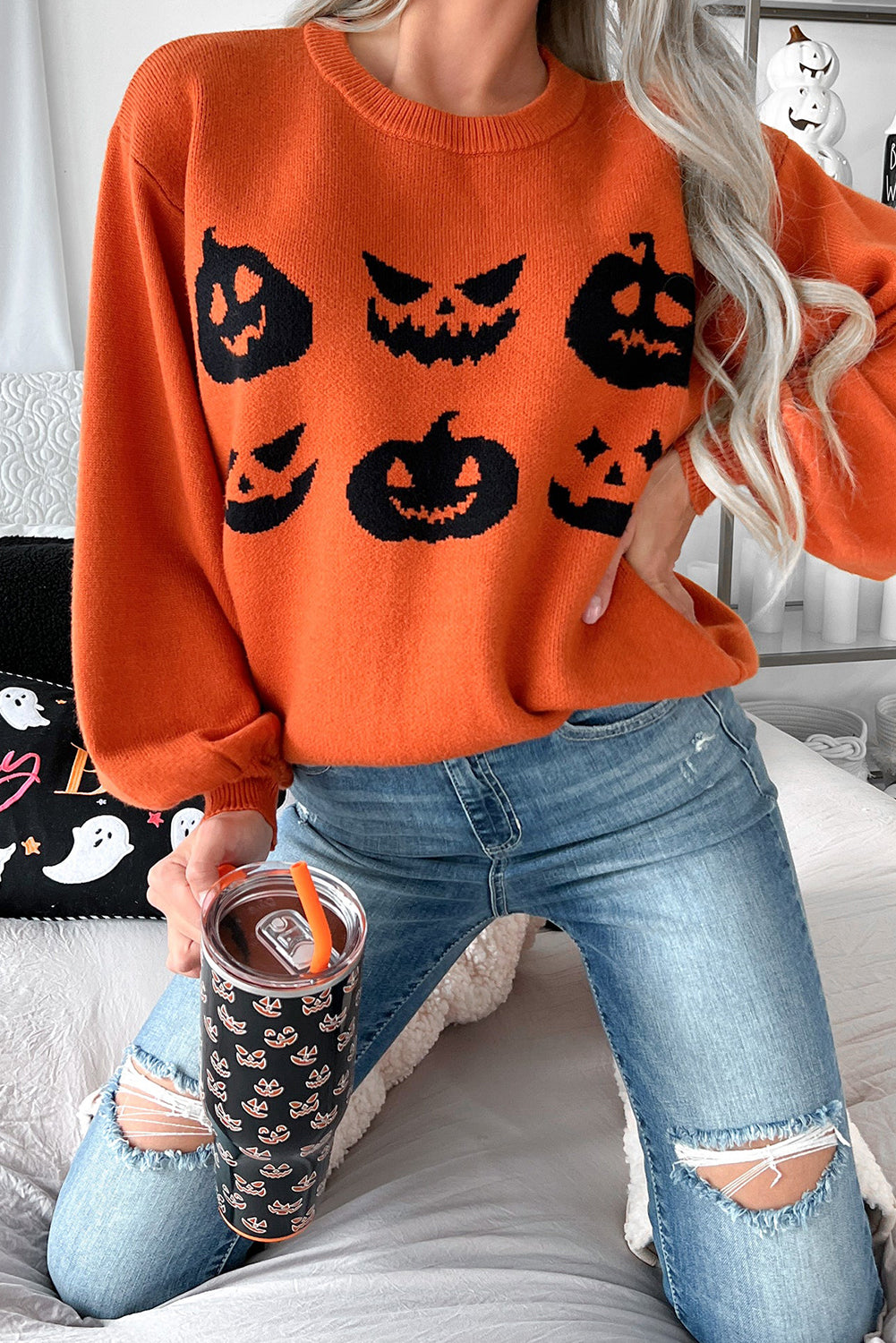 Orange Halloween Pumpkin Jack-O-Lantern Sweater ships 2 weeks