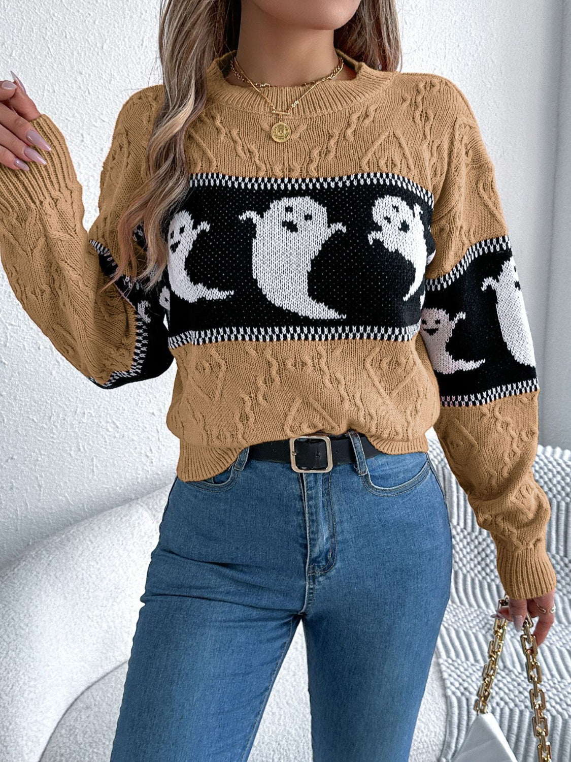 Ghost Round Neck Long Sleeve Sweater ships 2-3 weeks