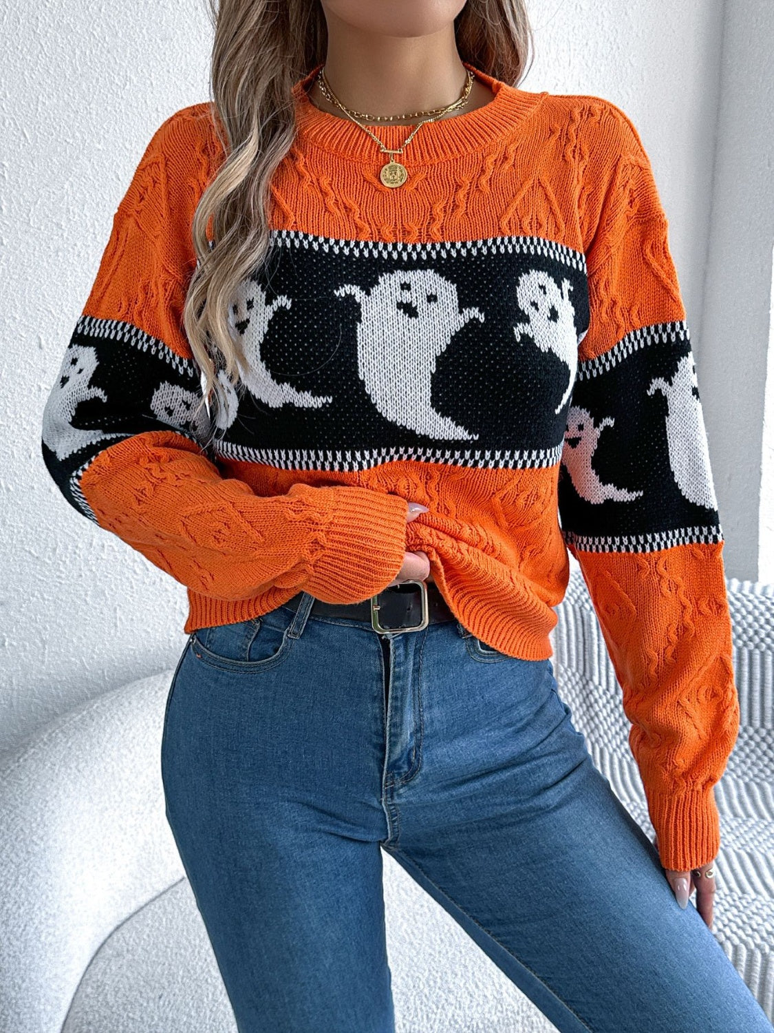 Ghost Round Neck Long Sleeve Sweater ships 2-3 weeks