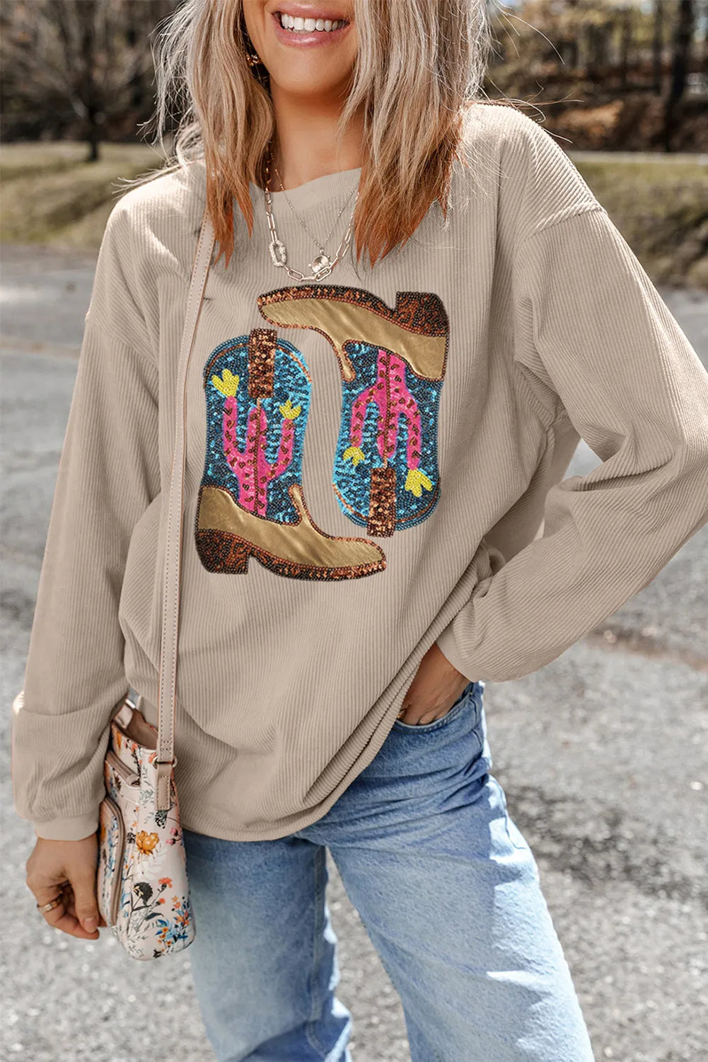 Sequin Cowboy Boot Pullover Oatmeal (ships 1-2 weeks)