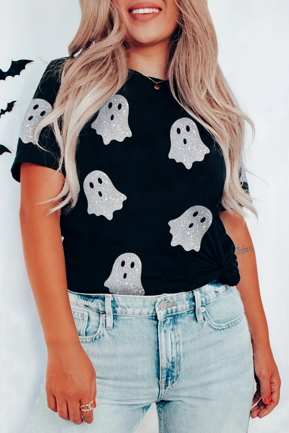 Black Glitter Ghost Pattern Crew Neck Halloween Graphic T Shirt PREORDER