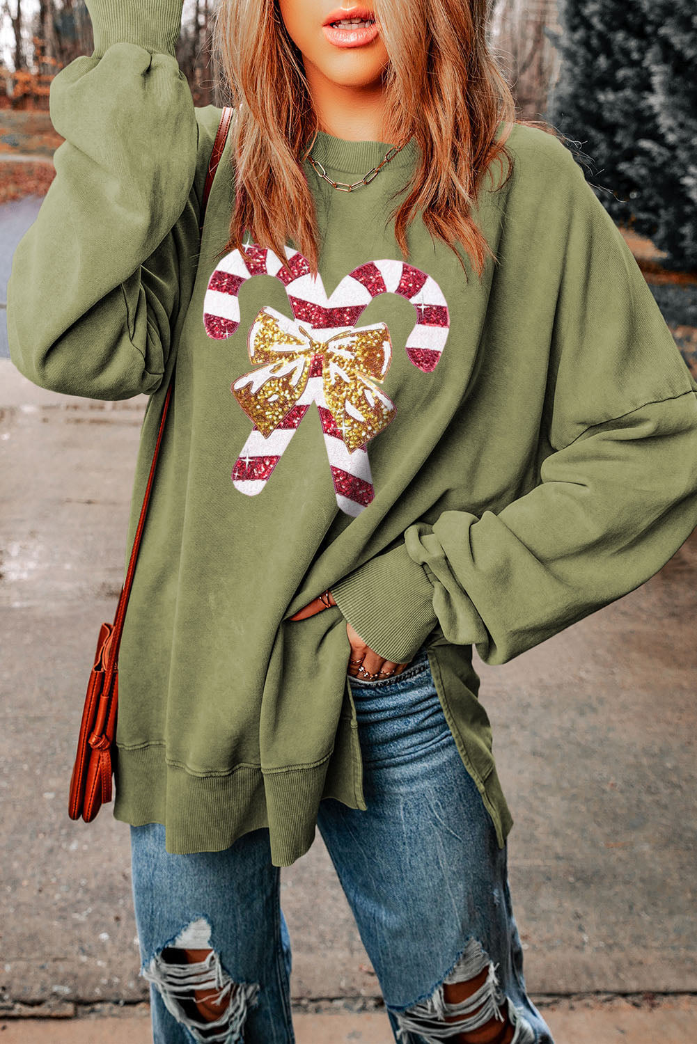 Sequin Candy Cane Round Neck Slit Sweatshirt ships 2-3 weeks