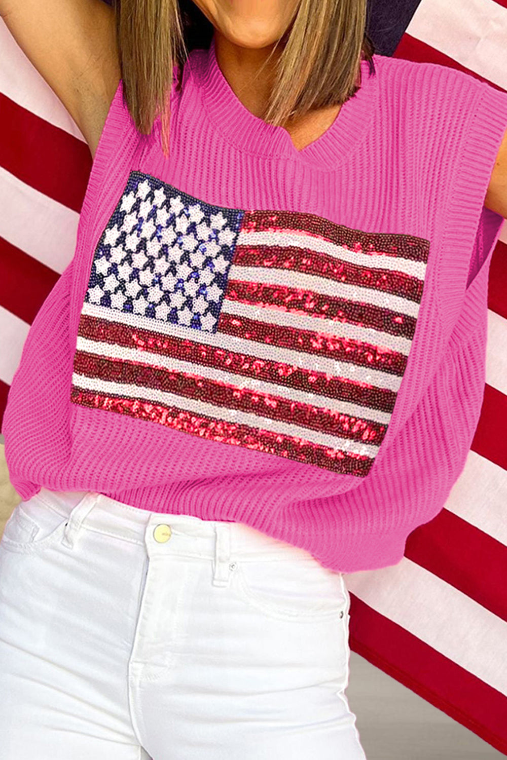 Sequin US Flag Round Neck Sweater Vest (ships in 1-2 weeks)