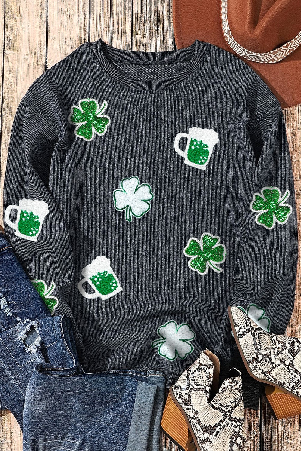 Lucky Clover Beer Sequin Round Neck Sweatshirt  (ships 2-3 weeks)