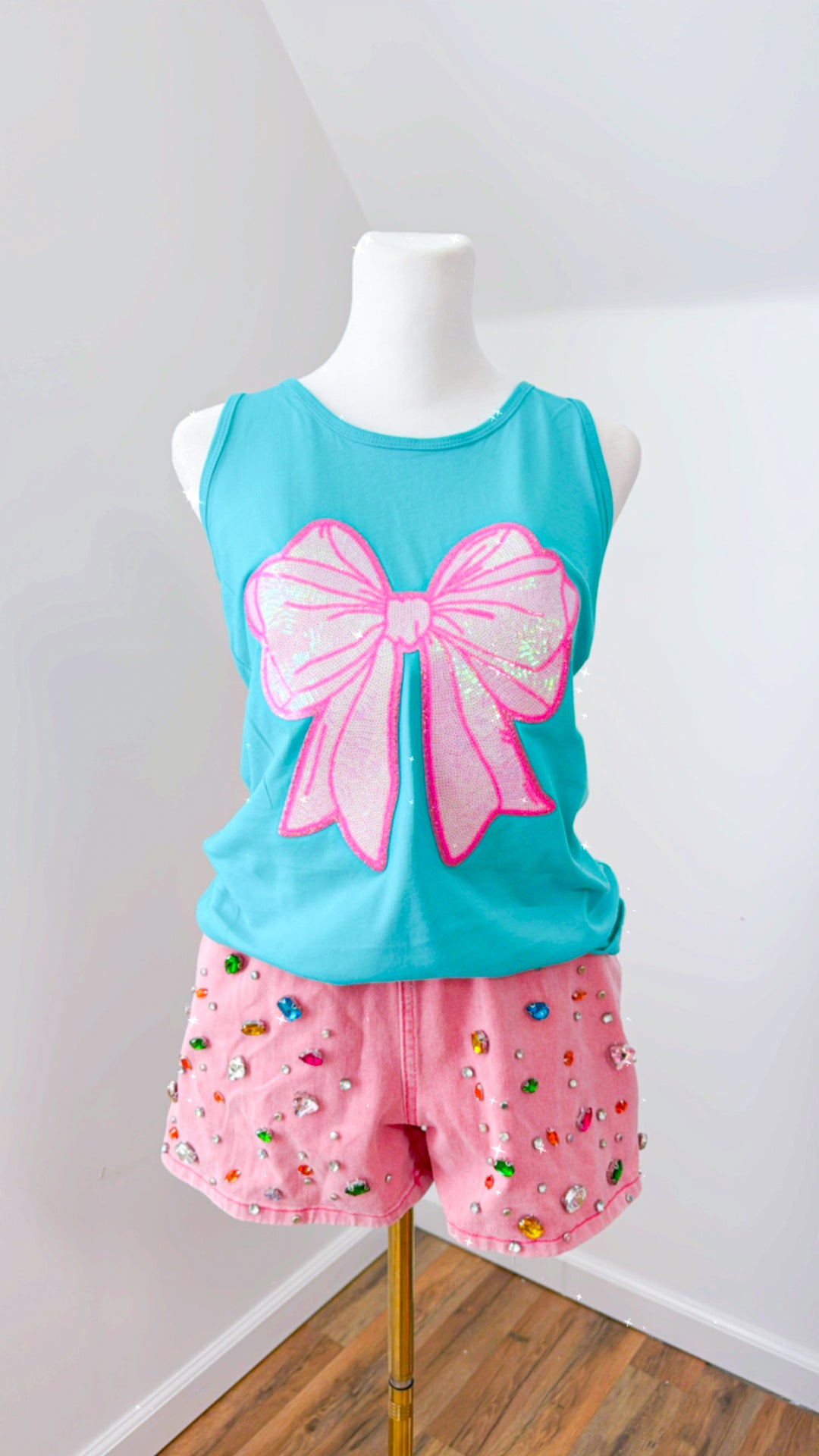 Sequin Coquette Bow Teal Tank (ships 2 weeks)