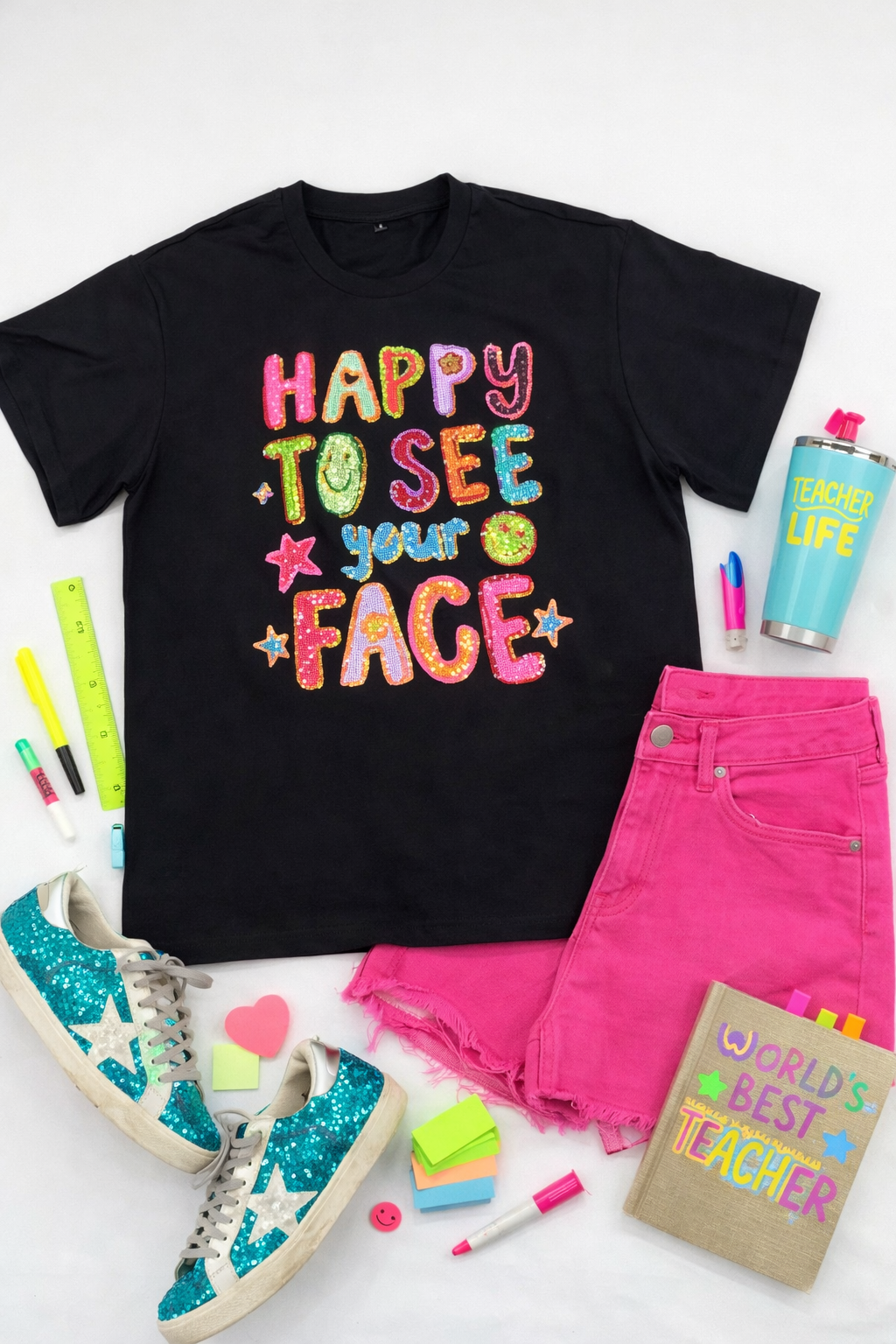 HAPPY TO SEE YOUR FACE SEQUINED BLACK TSHIRT (PREORDER)