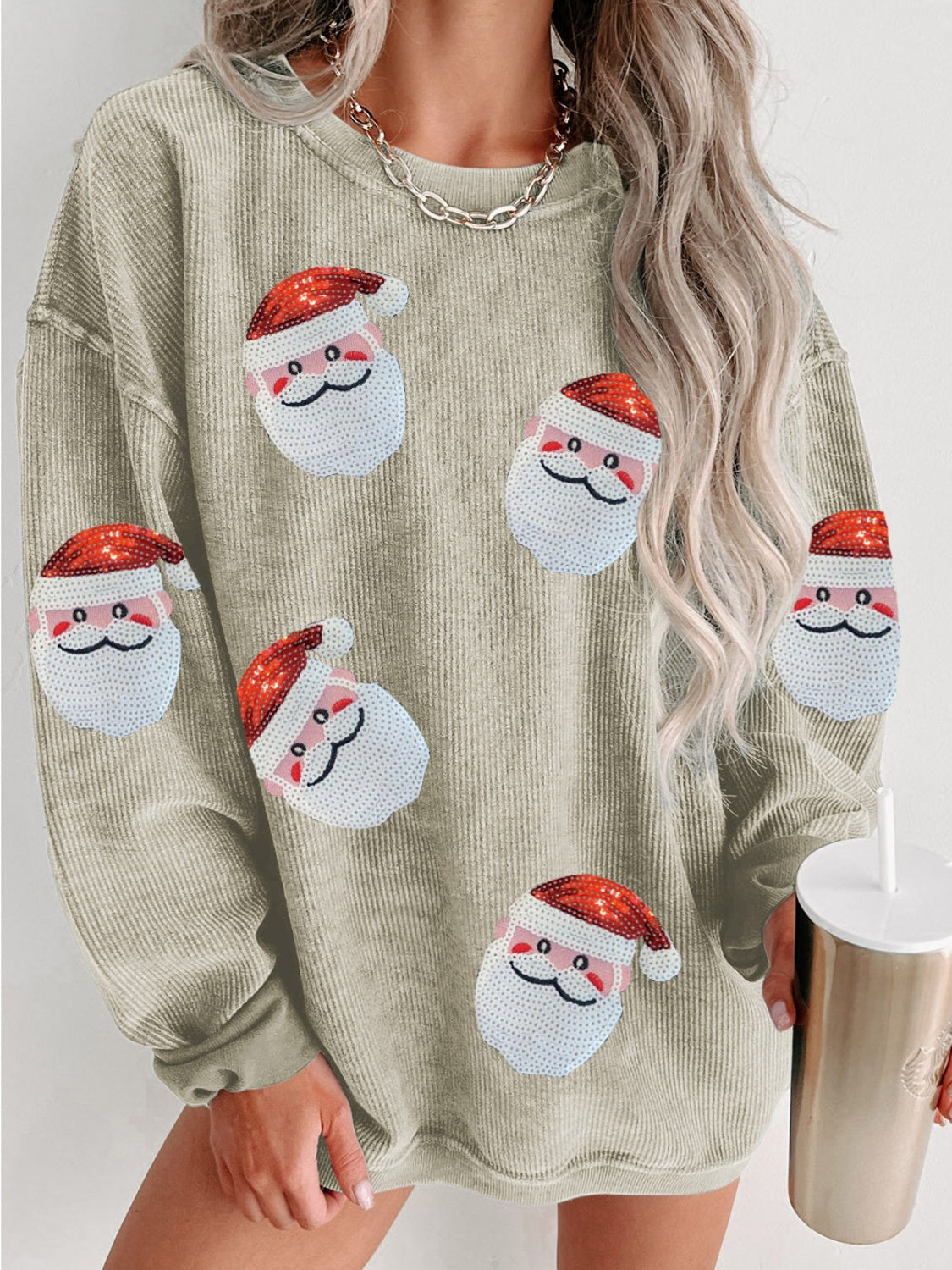 Sequin Santa Patch Ribbed Sweatshirt ships 2 weeks 3 colors