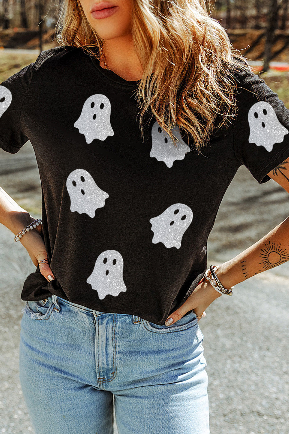 Black Glitter Ghost Pattern Crew Neck Halloween Graphic T Shirt PREORDER