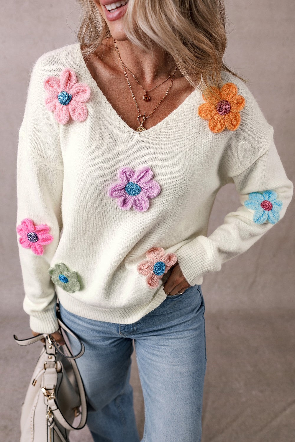 Crochet Flower V-Neck Long Sleeve Sweater (ships 1-2 weeks)