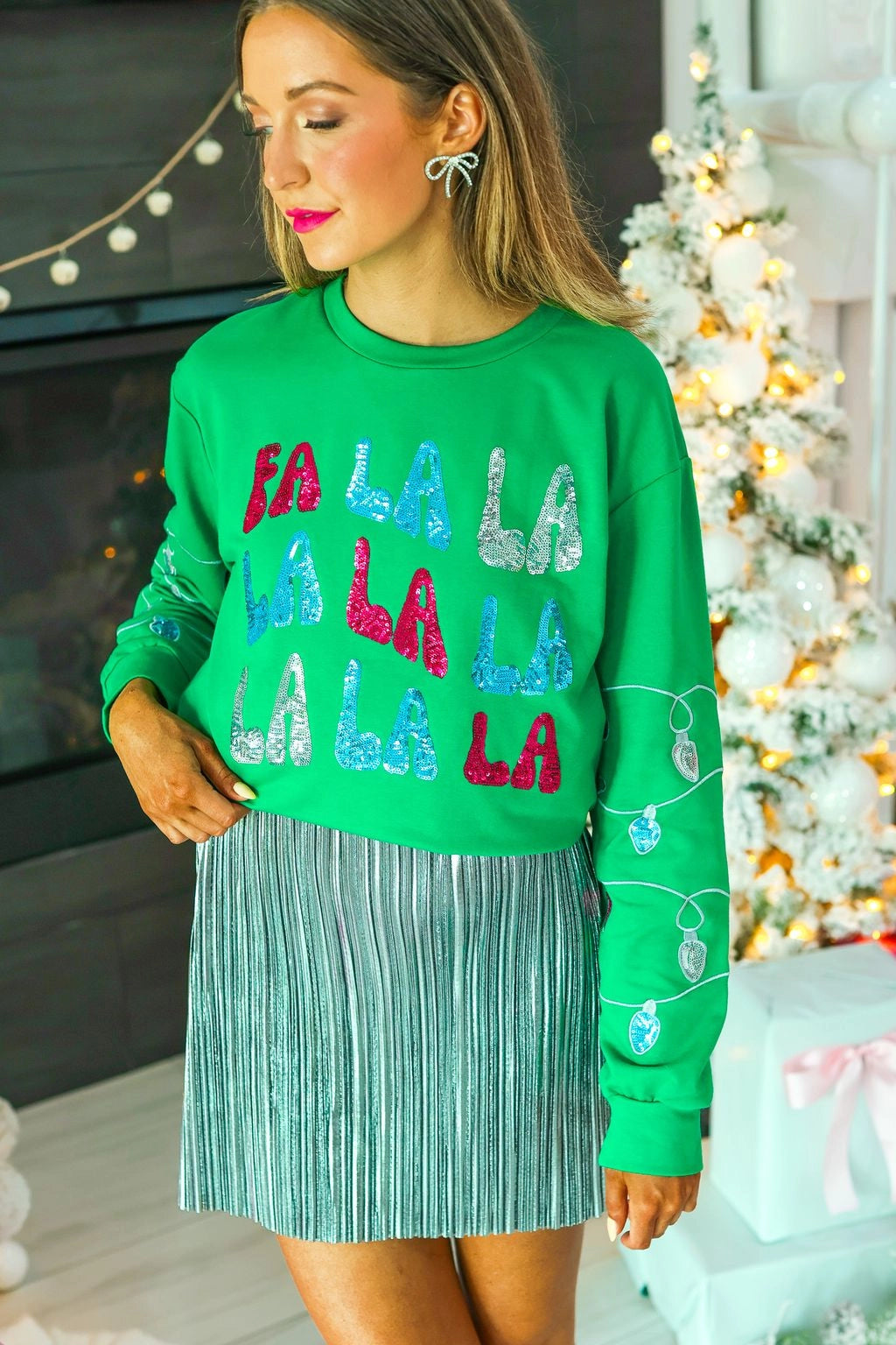 Fa La La La Green Sequin Sweater (ships 1 week)