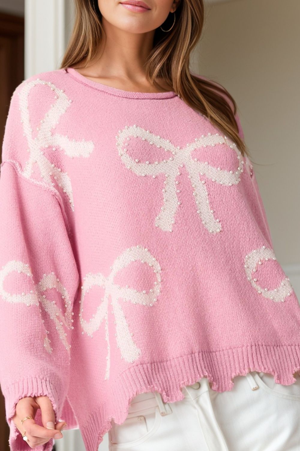 Pearl Detail Bow Sweater Pink (ships 1-2 weeks)