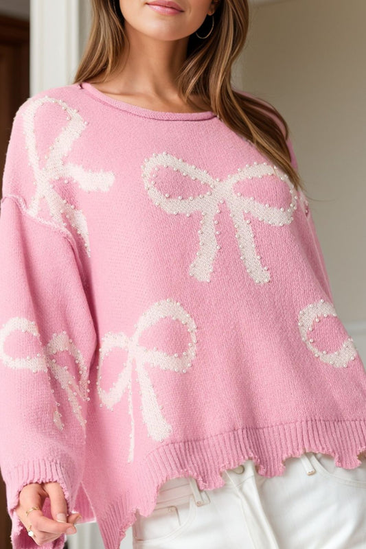 Pearl Detail Bow Round Neck Long Sleeve Sweater (ships 2-3 weeks)