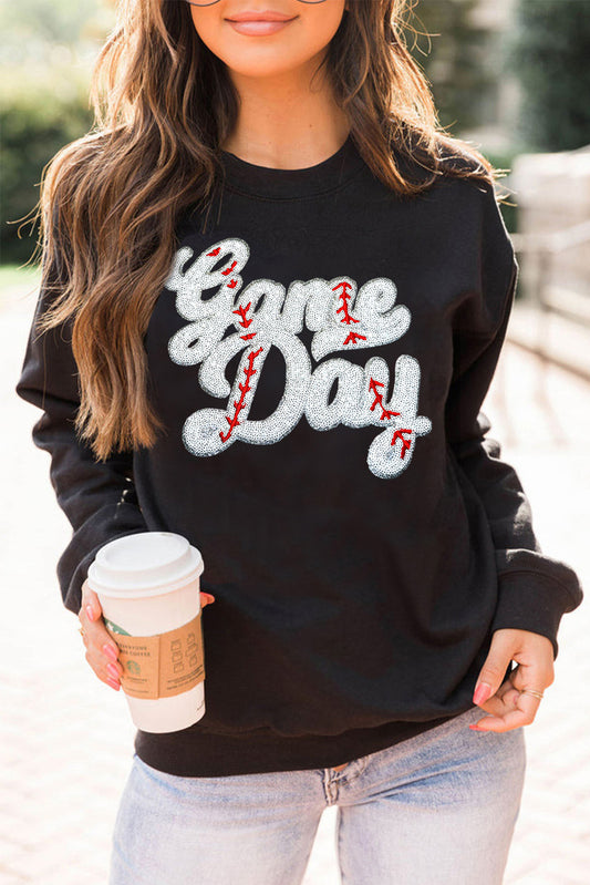 Black Game Day Baseball Graphic Crew Neck Sweatshirt(ships 2-3 weeks)