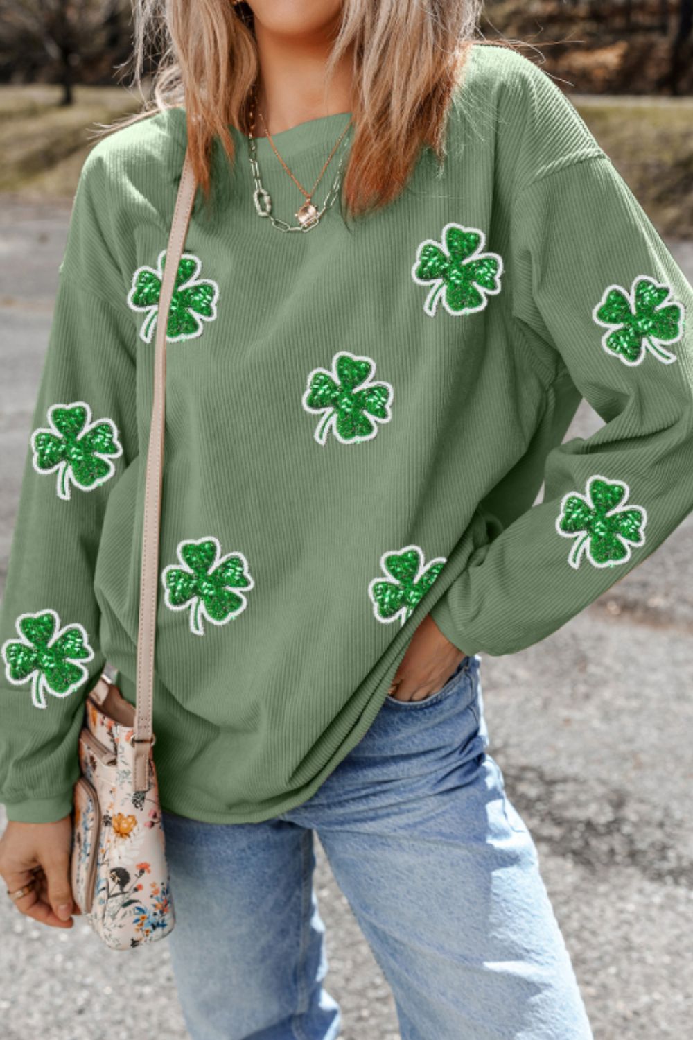 Sequin Lucky Clover Round Neck Long Sleeve Sweatshirt  (ships 2-3 weeks)