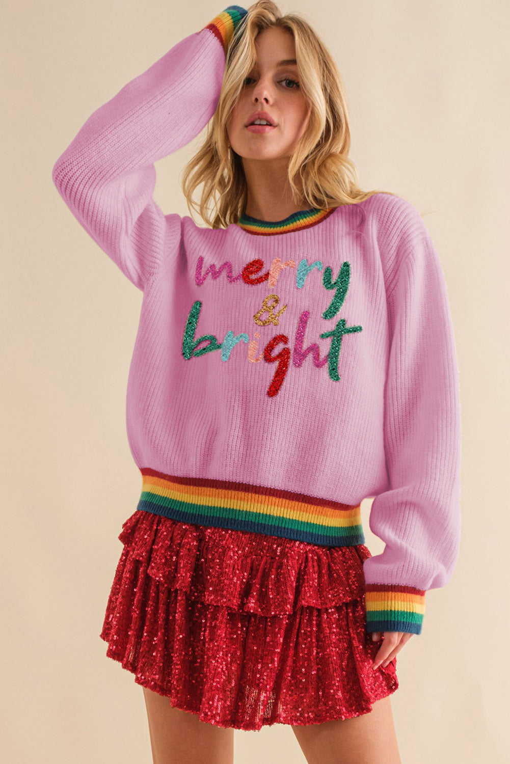 MERRY & BRIGHT Ribbed Round Neck Sweater (ships 2-3 weeks)