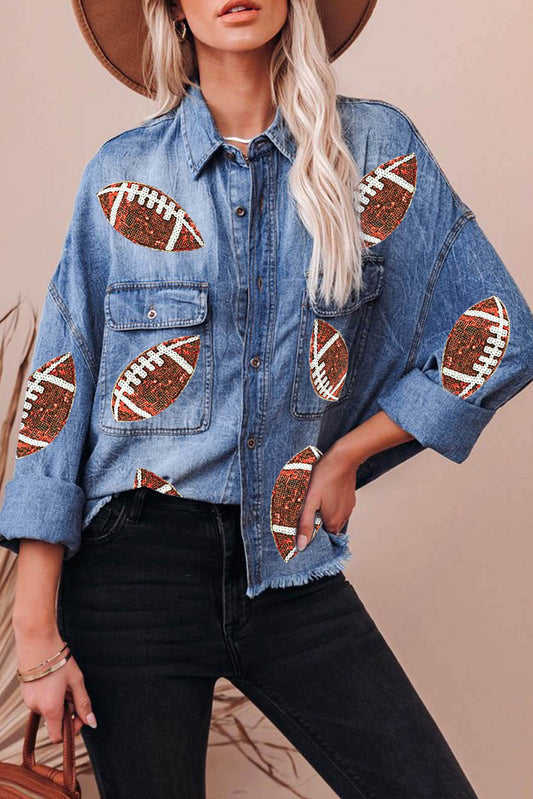 Sky Blue Sequin Rugby Graphic Flap Pockets Raw Hem Denim Jacket