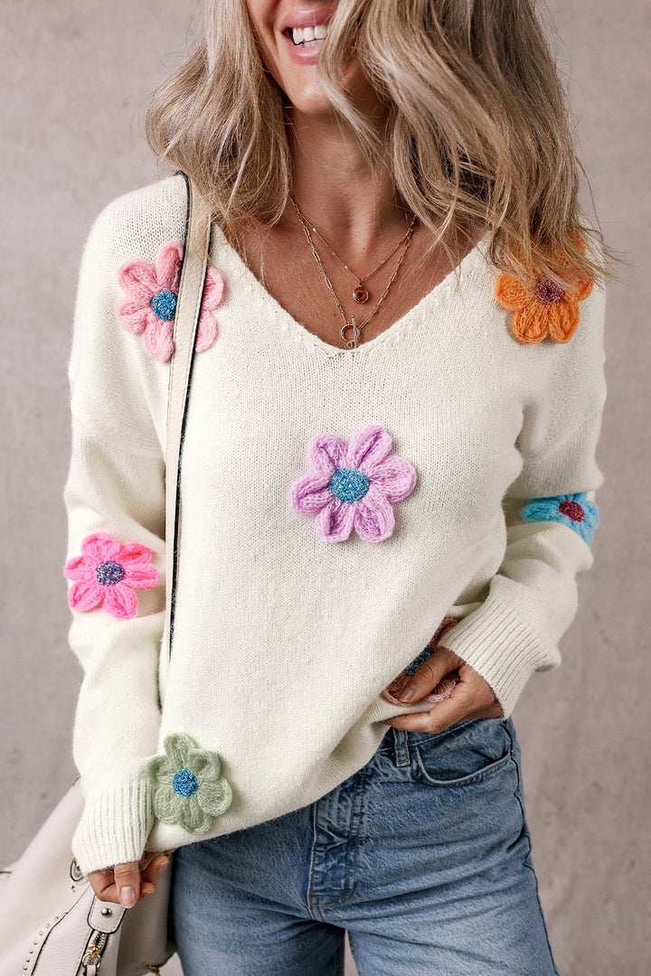 Crochet Flower V-Neck Long Sleeve Sweater (ships 1-2 weeks)