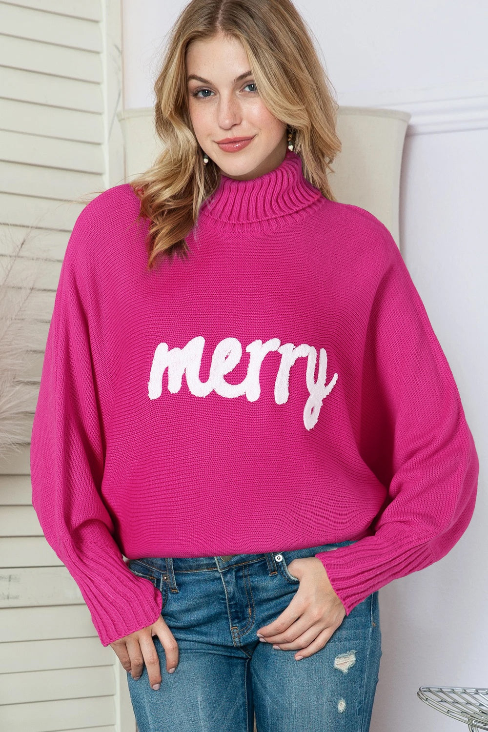 Merry Letter Embroidered High Neck Sweater (ships 2-3weeks)