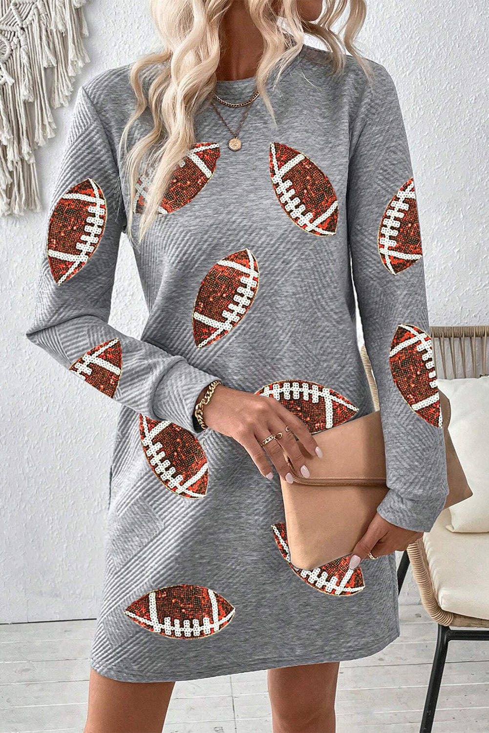 Gray Sequin Rugby Graphic Round Neck Textured Mini Dress (ships 2 weeks)